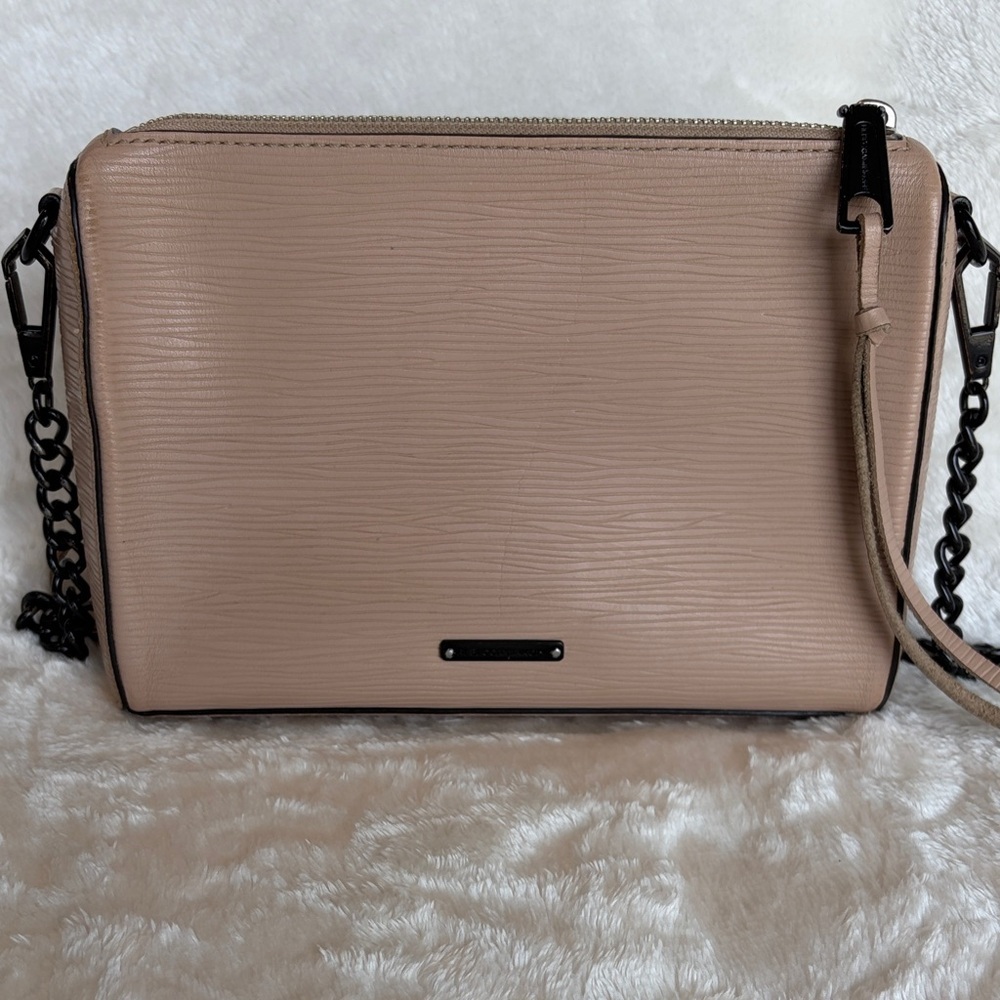 Rebecca Minkoff Beige Textured Leather Crossbody Bag With Black Chain Strap